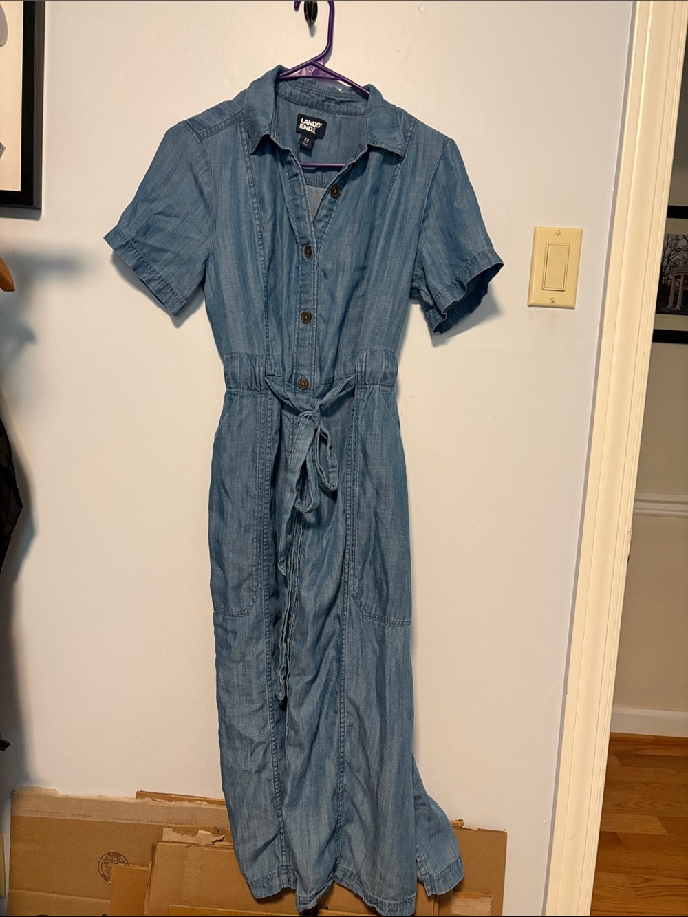 Lands' End Light Blue Denim Maxi Shirt Dress with Tie